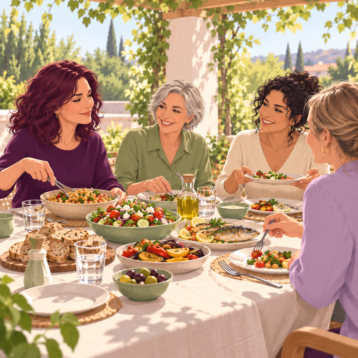 Sindrom metabolic și tratament prin alimentație: ilustrație cu patru prietene la un prânz mediteranean sub pergolă, cu năut, salate, pește la grătar, legume coapte și pâine integrală