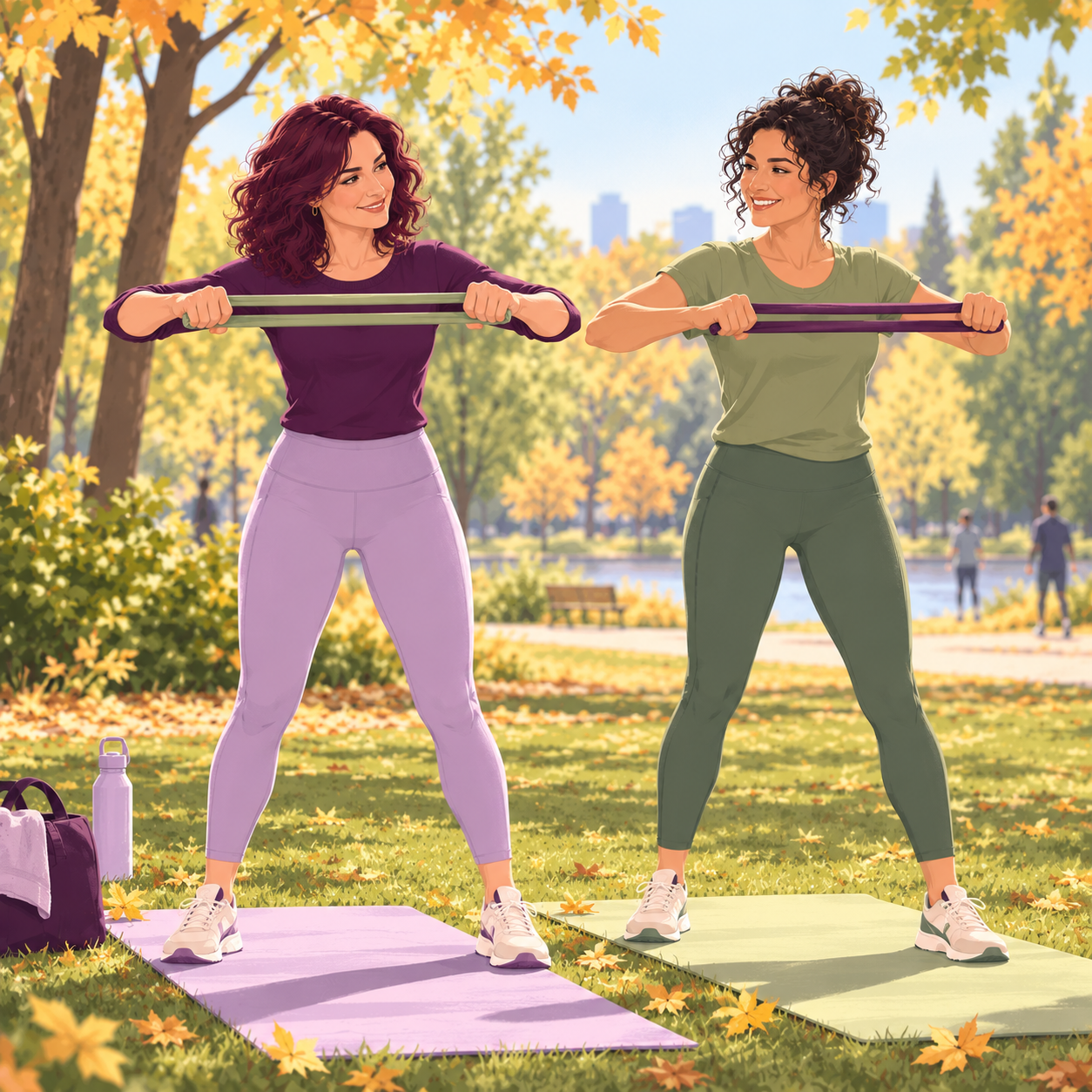 Sindrom metabolic și mișcarea: ilustrație cu două prietene care fac exerciții cu benzi elastice pe saltele, într-un parc de toamnă